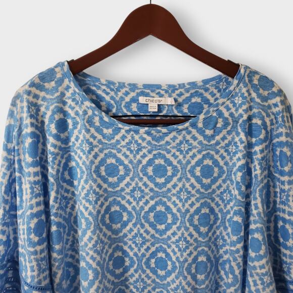 Chico's Blue Geo Print Linen Dolman Top Sz 3 (XL) Summer Coastal Beachy Casual - Picture 2 of 12